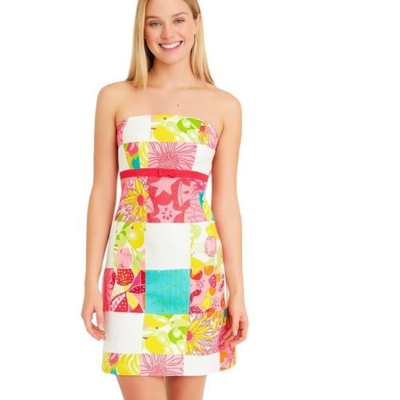 Vintage Lilly Pulitzer Strapless Patchwork Cotton Mini Dress Size 0 - Picture 7 of 8